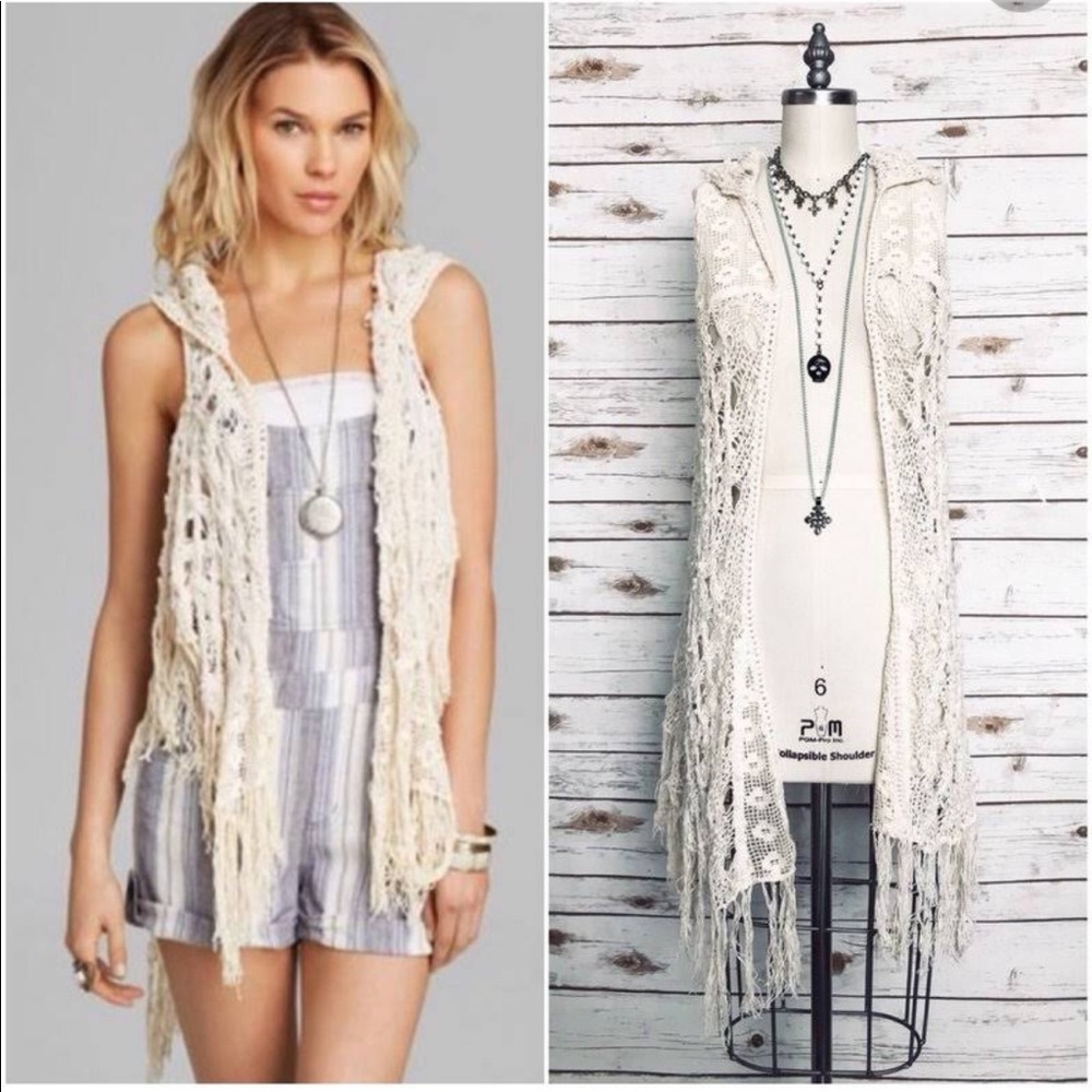 FREE PEOPLE FRINGE HOODED CROCHET VEST